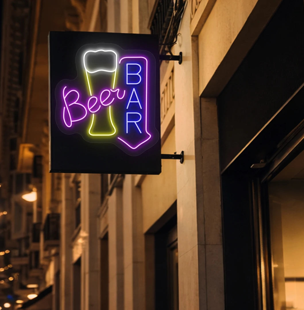 Image of a stylish "beer bar arrow neon sign" mounted on aesthetic wall in blue color.