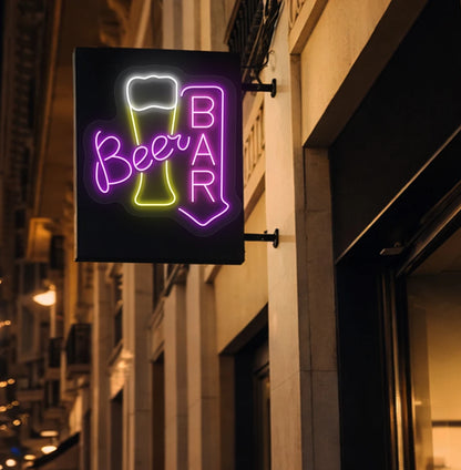 Image of a stylish "beer bar arrow neon sign" mounted on aesthetic wall in pink color.