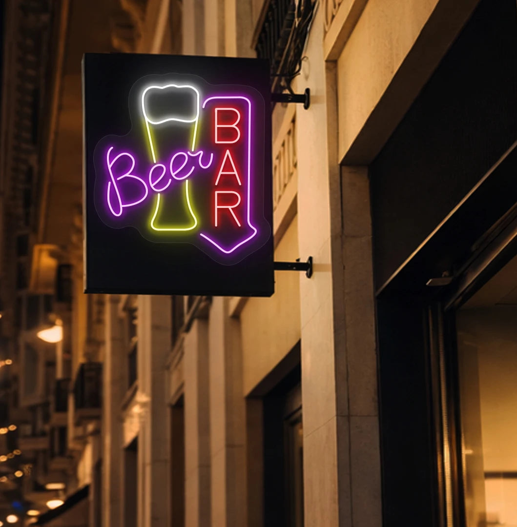 Image of a stylish "beer bar arrow neon sign" mounted on aesthetic wall in red color.