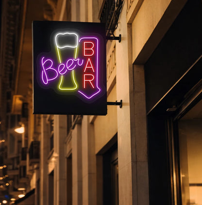 Image of a stylish "beer bar arrow neon sign" mounted on aesthetic wall in red color.