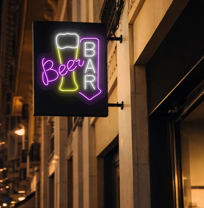 Image of a stylish "beer bar arrow neon sign" mounted on aesthetic wall in purple color.
