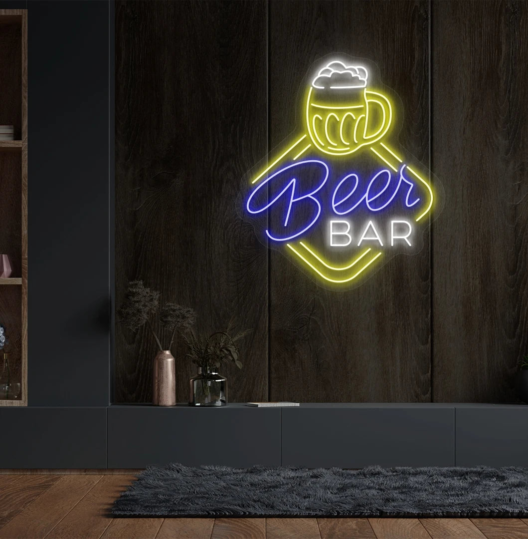 Stylish beer bar neon sign with beer cup mounted on aesthetic wall in blue color.