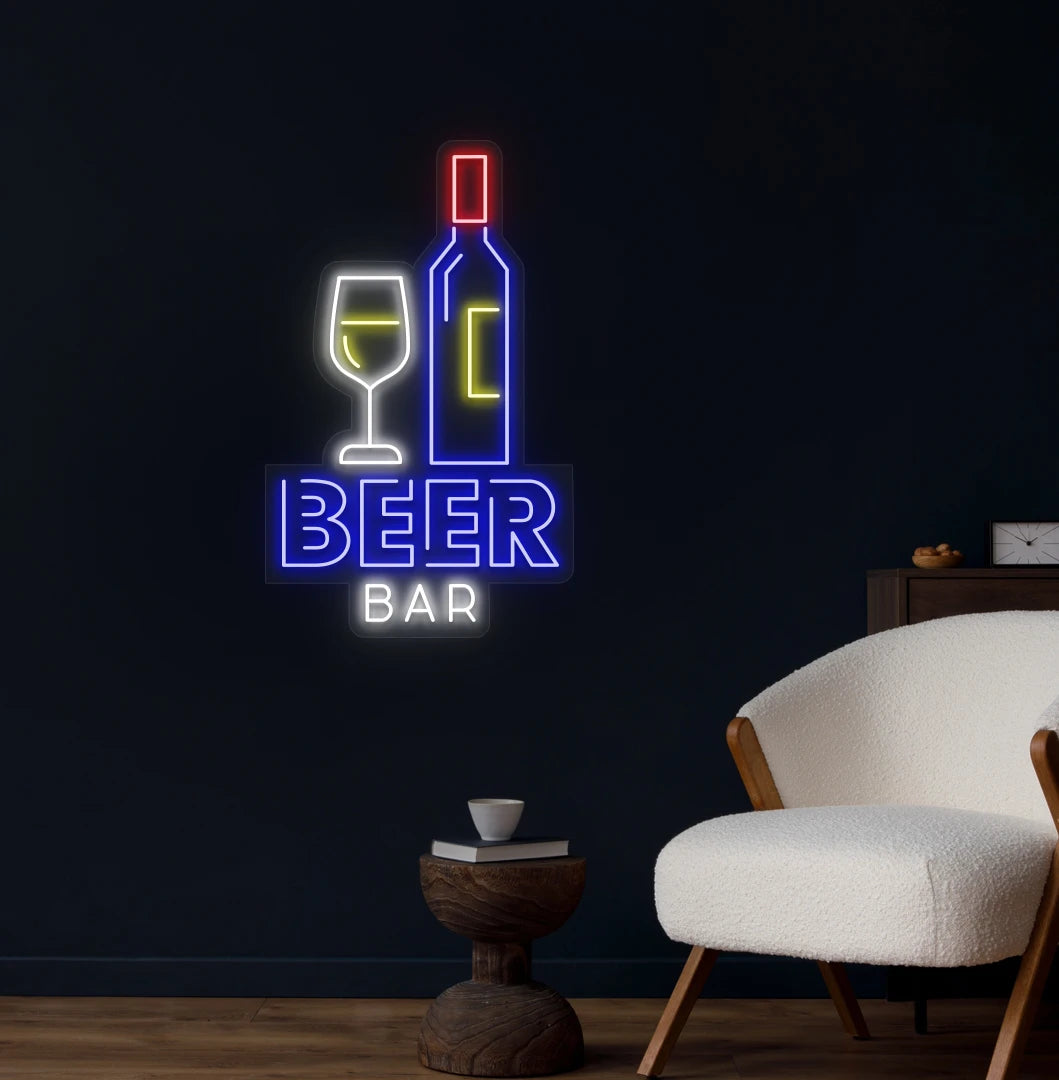 Modern wall decor with beer bar bottle neon sign glowing blue.