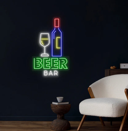 Trendy beer bar bottle neon sign in green mounted on wall.