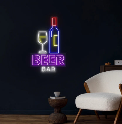Trendy beer bar bottle neon sign in purple mounted on wall.
