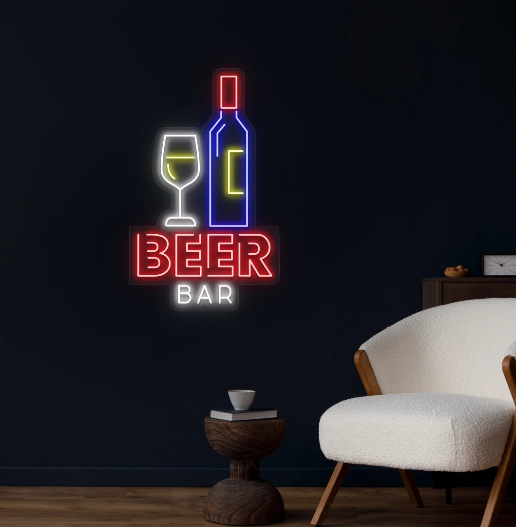 Modern wall decor with beer bar bottle neon sign glowing red.