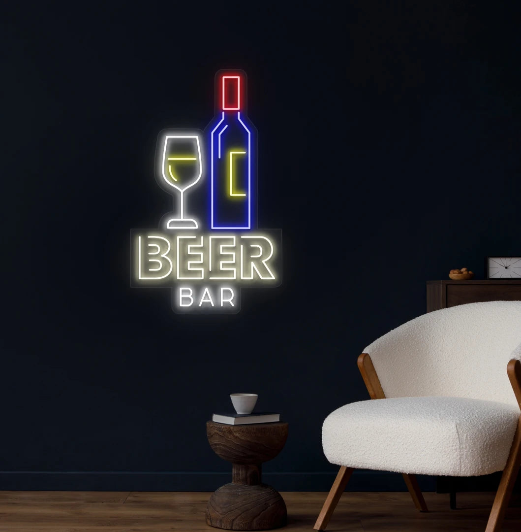Trendy beer bar bottle neon sign in warm white mounted on wall.