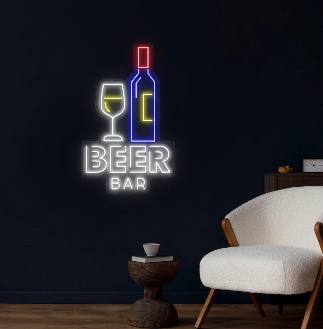 Modern wall decor with beer bar bottle neon sign glowing white.