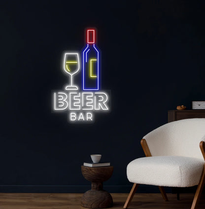 Modern wall decor with beer bar bottle neon sign glowing white.