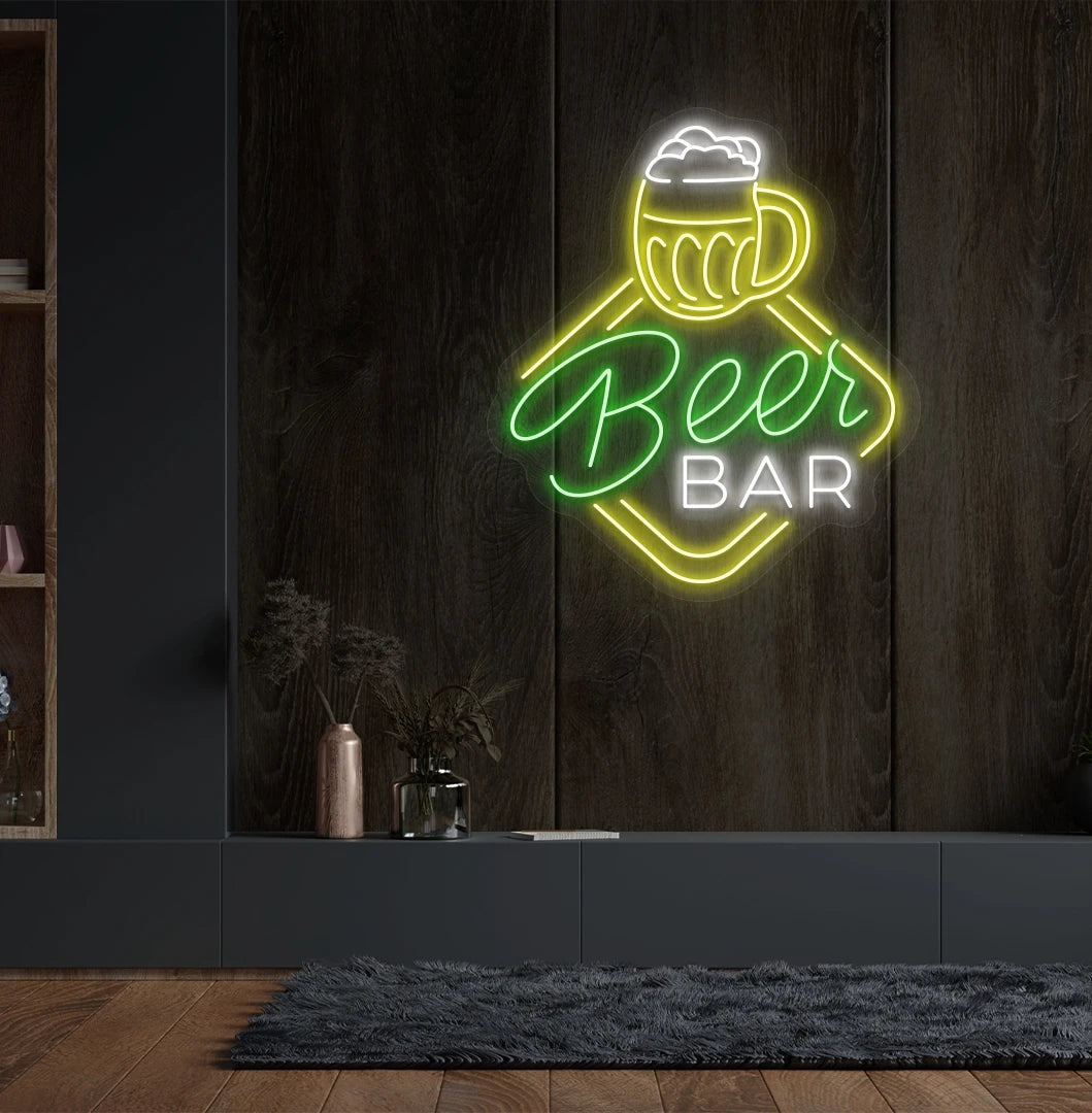 Trendy beer bar neon sign in green glowing on aesthetic wall.