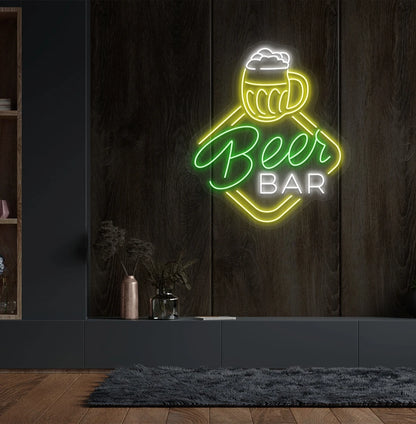 Trendy beer bar neon sign in green glowing on aesthetic wall.