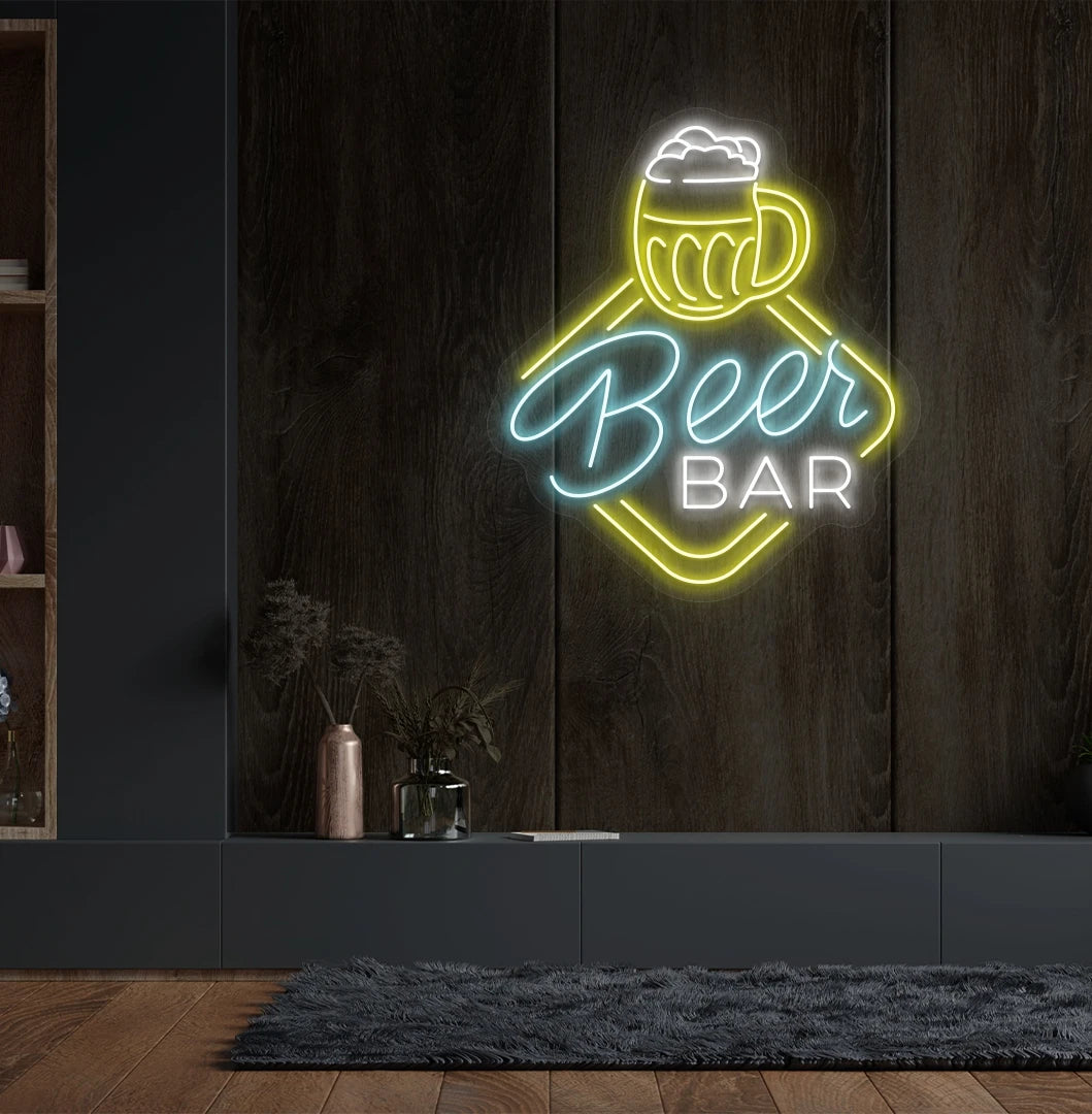 Stylish beer bar neon sign with beer cup mounted on aesthetic wall in ice blue color.