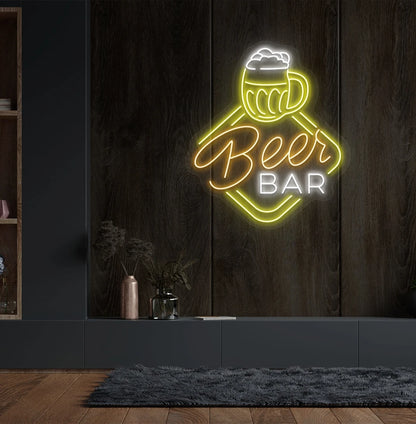 Trendy beer bar neon sign in orange glowing on aesthetic wall.