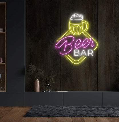 Stylish beer bar neon sign with beer cup mounted on aesthetic wall in pink color.