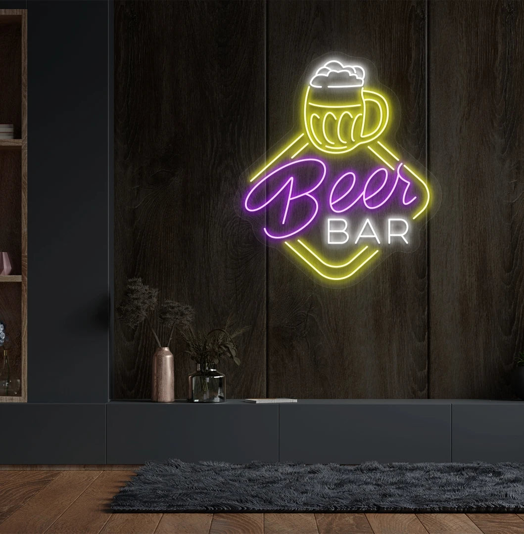 Trendy beer bar neon sign in purple glowing on aesthetic wall.