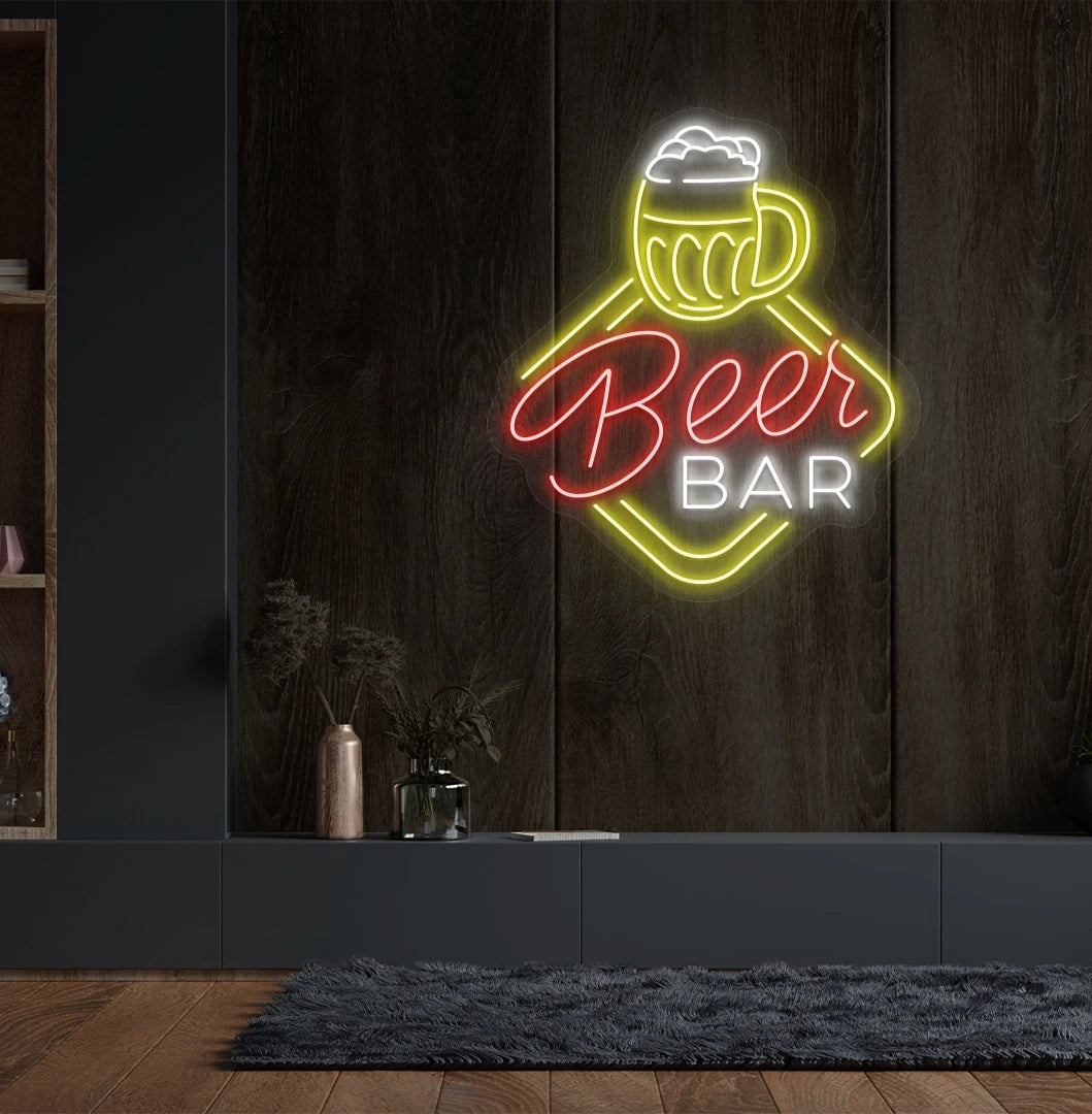 Stylish beer bar neon sign with beer cup mounted on aesthetic wall in red 
color.