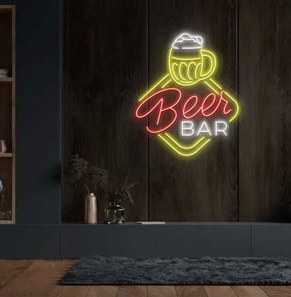 Stylish beer bar neon sign with beer cup mounted on aesthetic wall in red 
color.