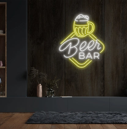 Stylish beer bar neon sign with beer cup mounted on aesthetic wall in white color.