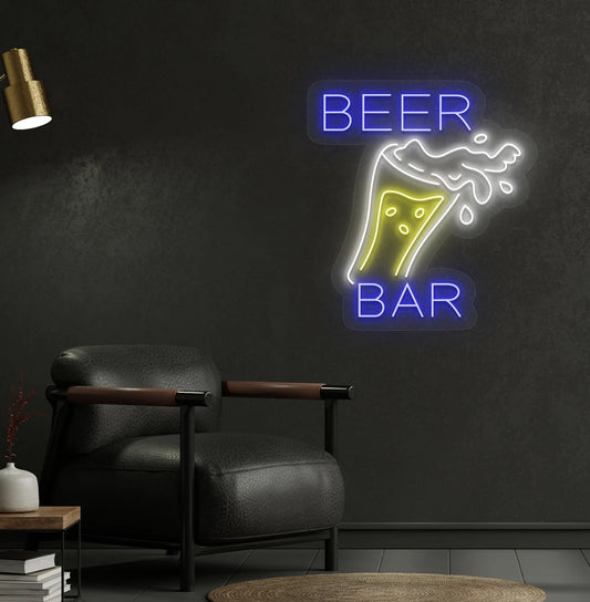 Image of a bright beer bar with glass neon sign mounted on a bar wall in blue color.