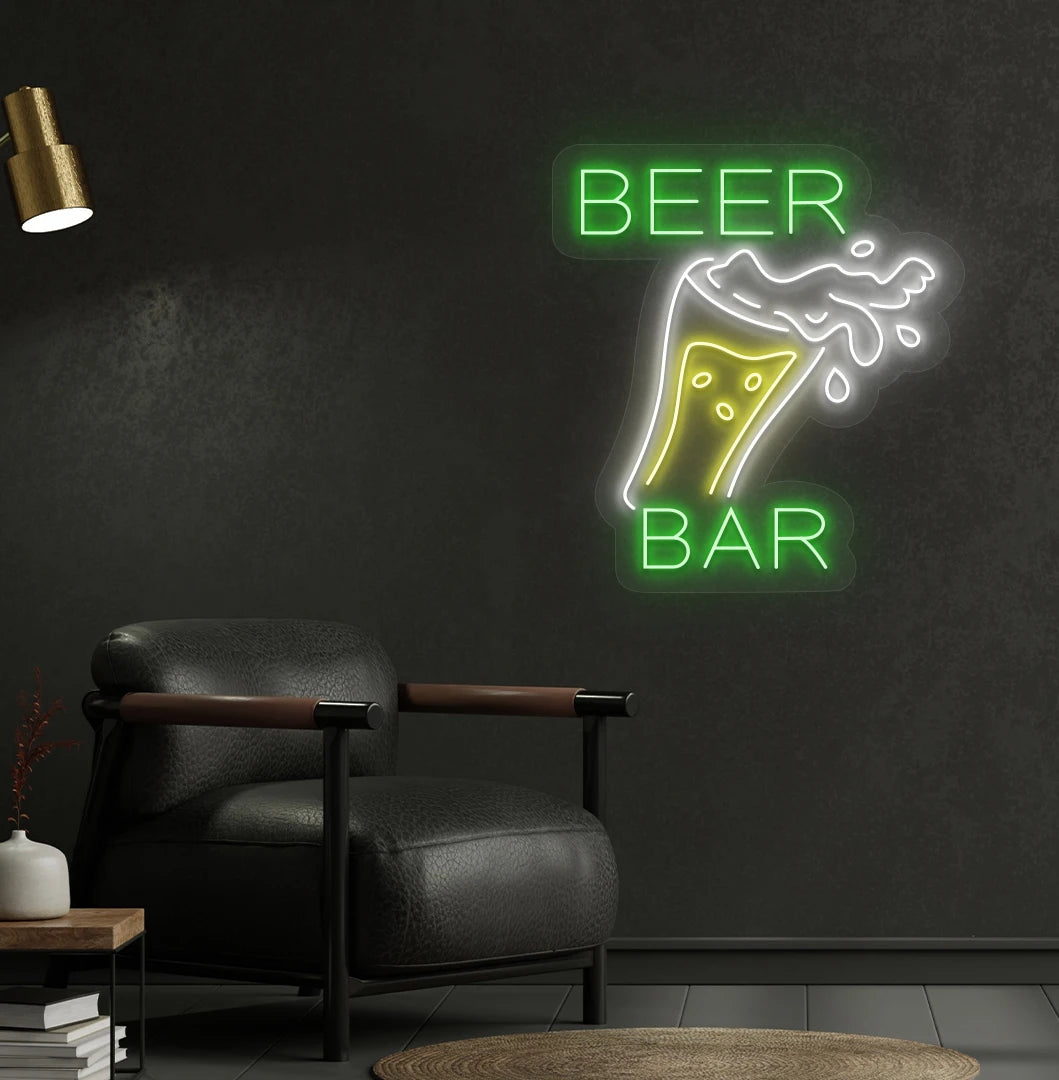 Green beer bar with glass LED neon sign for bar wall setup.