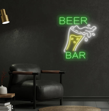 Green beer bar with glass LED neon sign for bar wall setup.