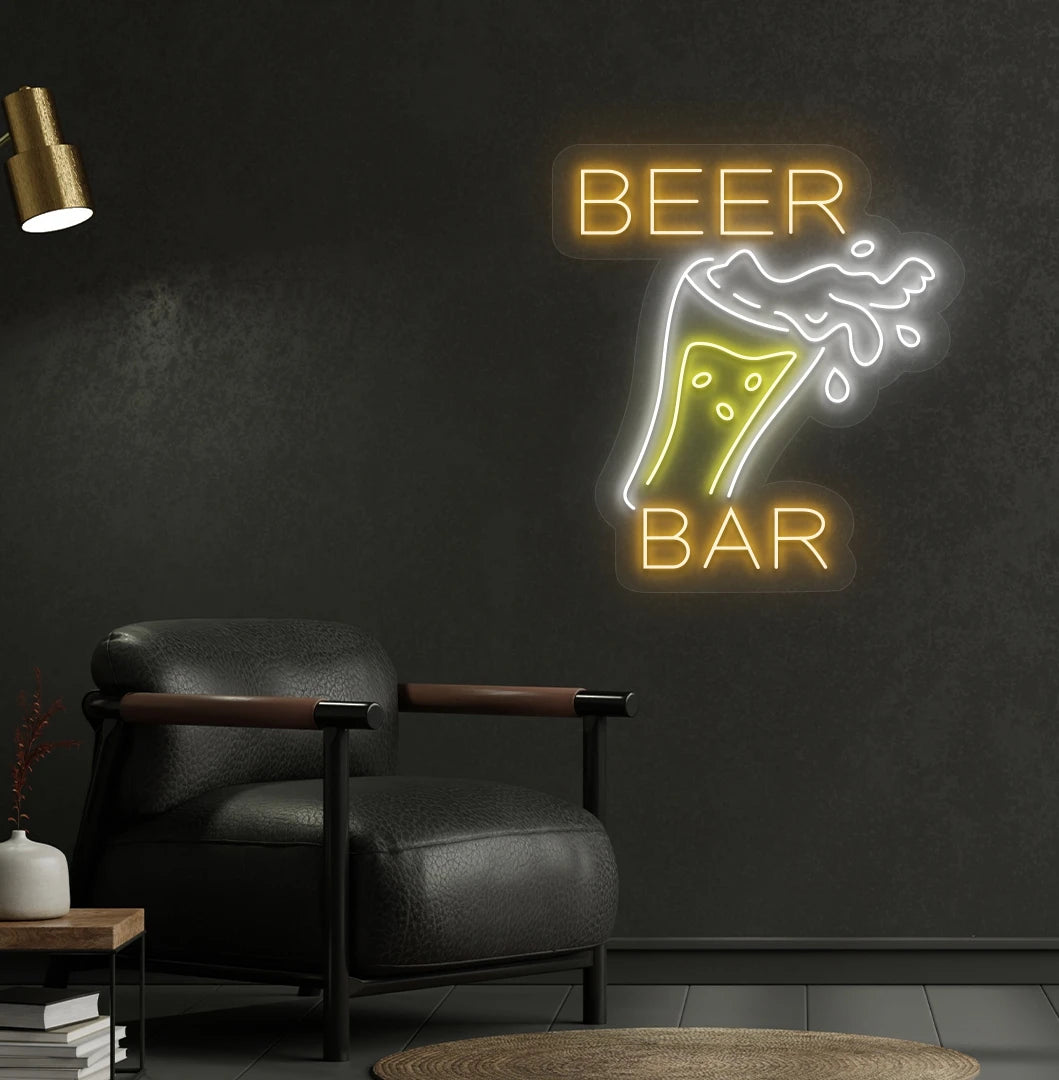 Orange beer bar with glass LED neon sign for bar wall setup.