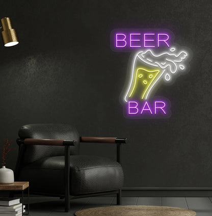 Purple beer bar with glass LED neon sign for bar wall setup.
