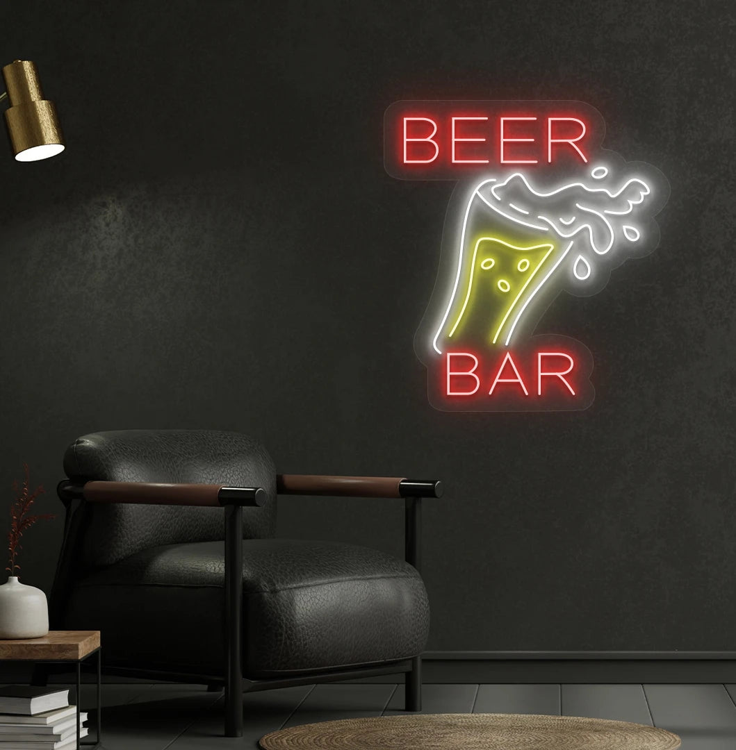 Image of a bright beer bar with glass neon sign mounted on a bar wall in red color.