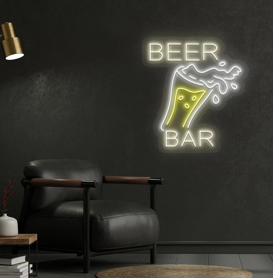 Warm white beer bar with glass LED neon sign for bar wall setup.