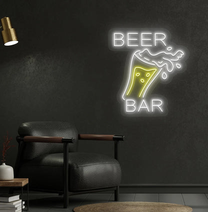 Image of a bright beer bar with glass neon sign mounted on a bar wall in white color.