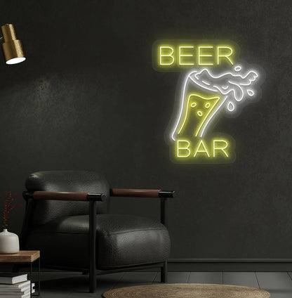 Yellow beer bar with glass LED neon sign for bar wall setup.