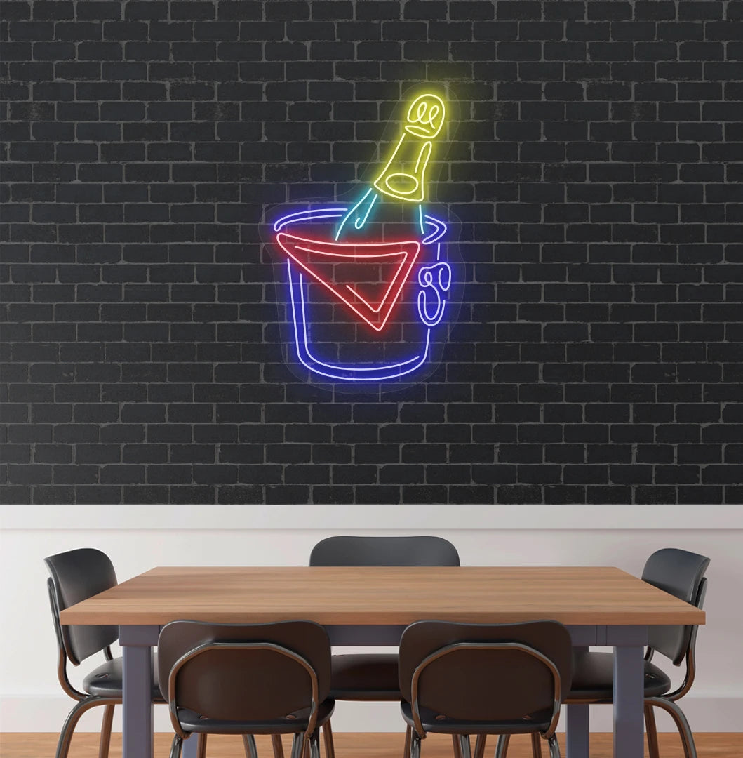 Modern aesthetic wall with beer bottle neon sign glowing blue.