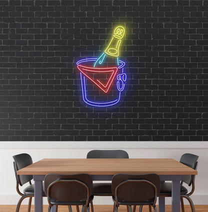 Modern aesthetic wall with beer bottle neon sign glowing blue.