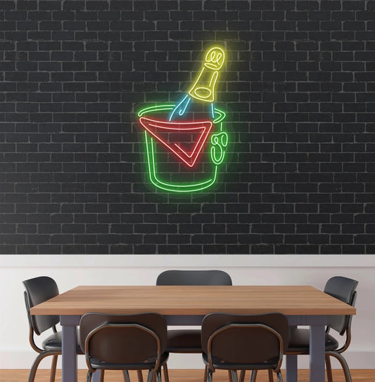 Stylish beer bottle neon sign in green mounted on aesthetic wall.