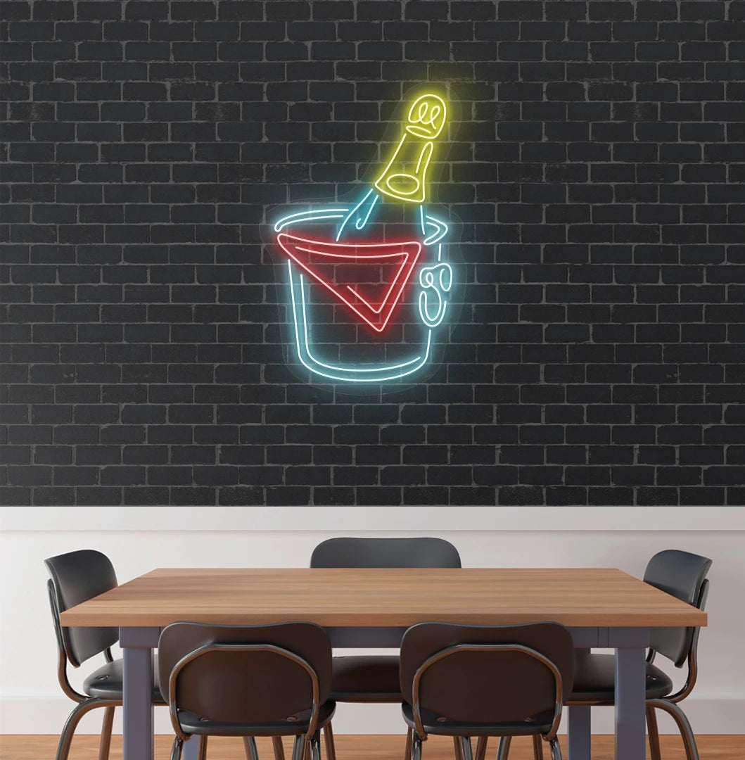 Modern aesthetic wall with beer bottle neon sign glowing ice blue.