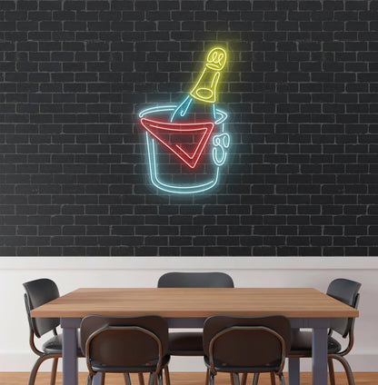 Modern aesthetic wall with beer bottle neon sign glowing ice blue.