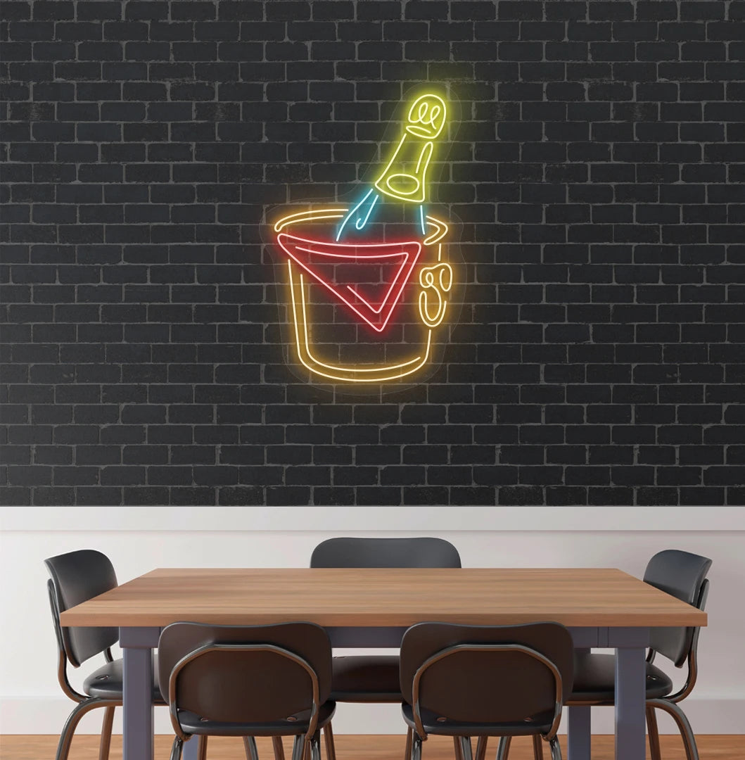 Stylish beer bottle neon sign in orange mounted on aesthetic wall.