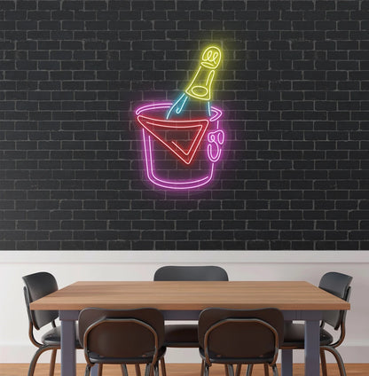 Modern aesthetic wall with beer bottle neon sign glowing pink.