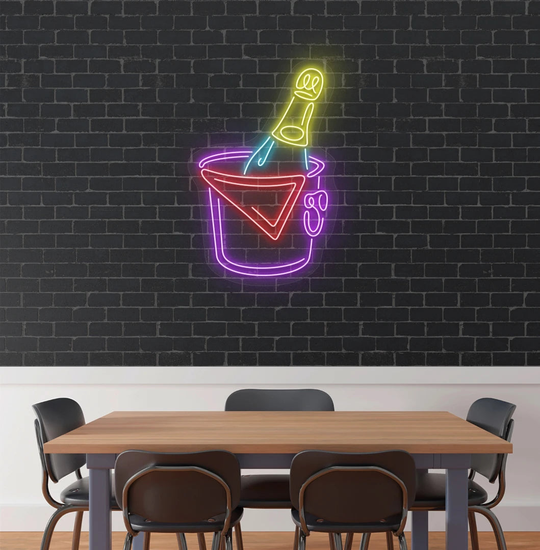 Stylish beer bottle neon sign in purple mounted on aesthetic wall.