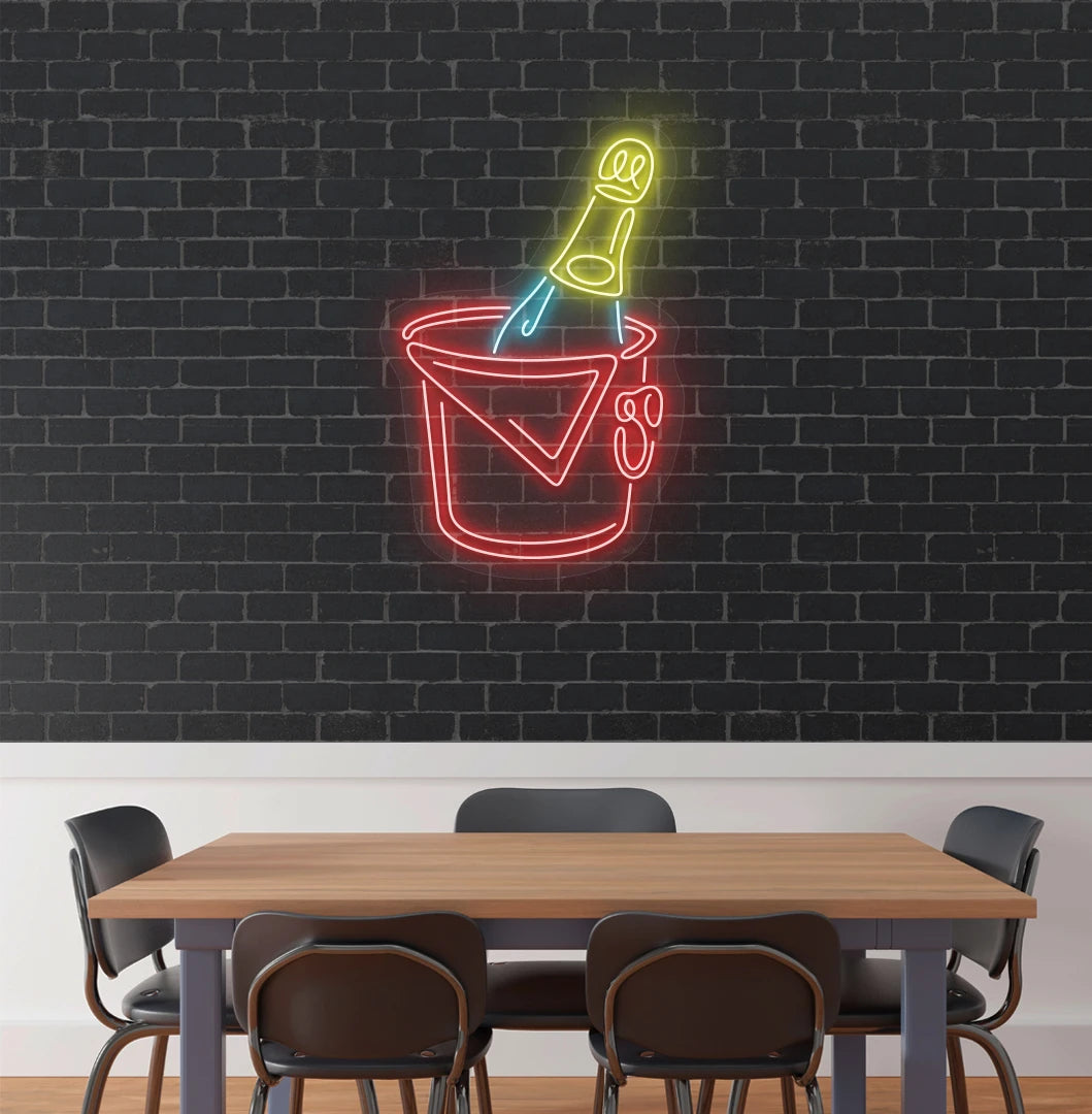 Modern aesthetic wall with beer bottle neon sign glowing red.