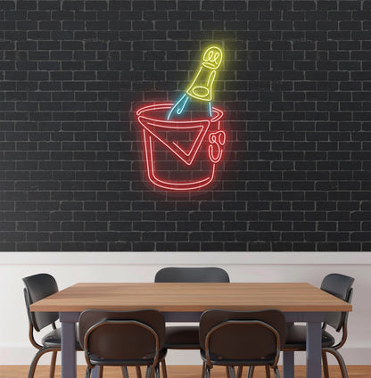 Modern aesthetic wall with beer bottle neon sign glowing red.