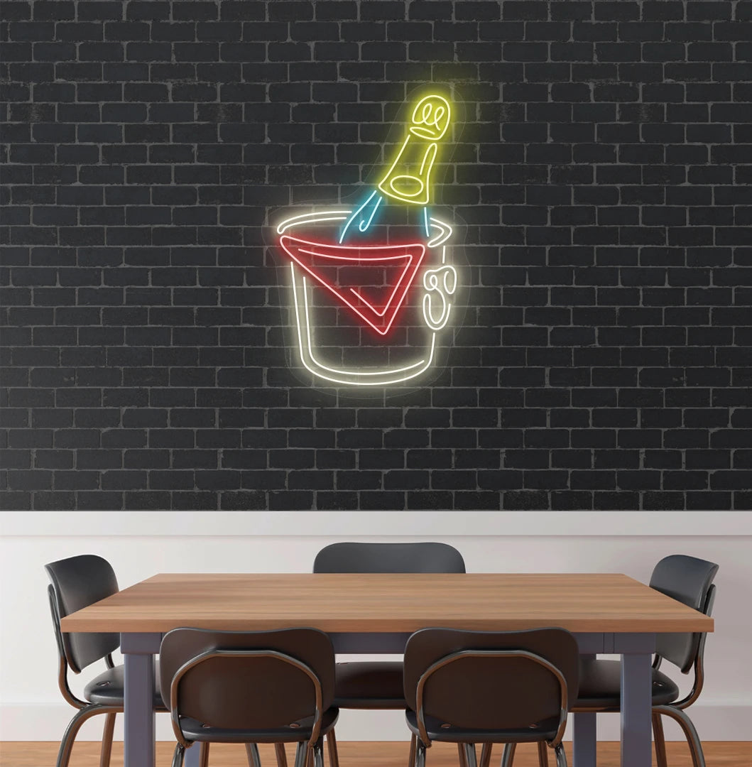 Stylish beer bottle neon sign in warm white mounted on aesthetic wall.