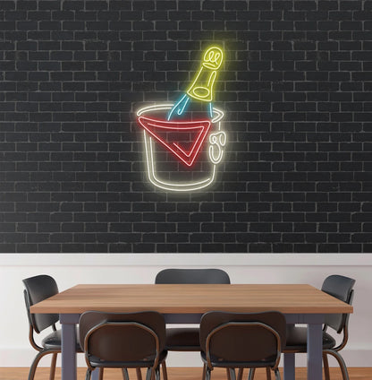 Stylish beer bottle neon sign in warm white mounted on aesthetic wall.