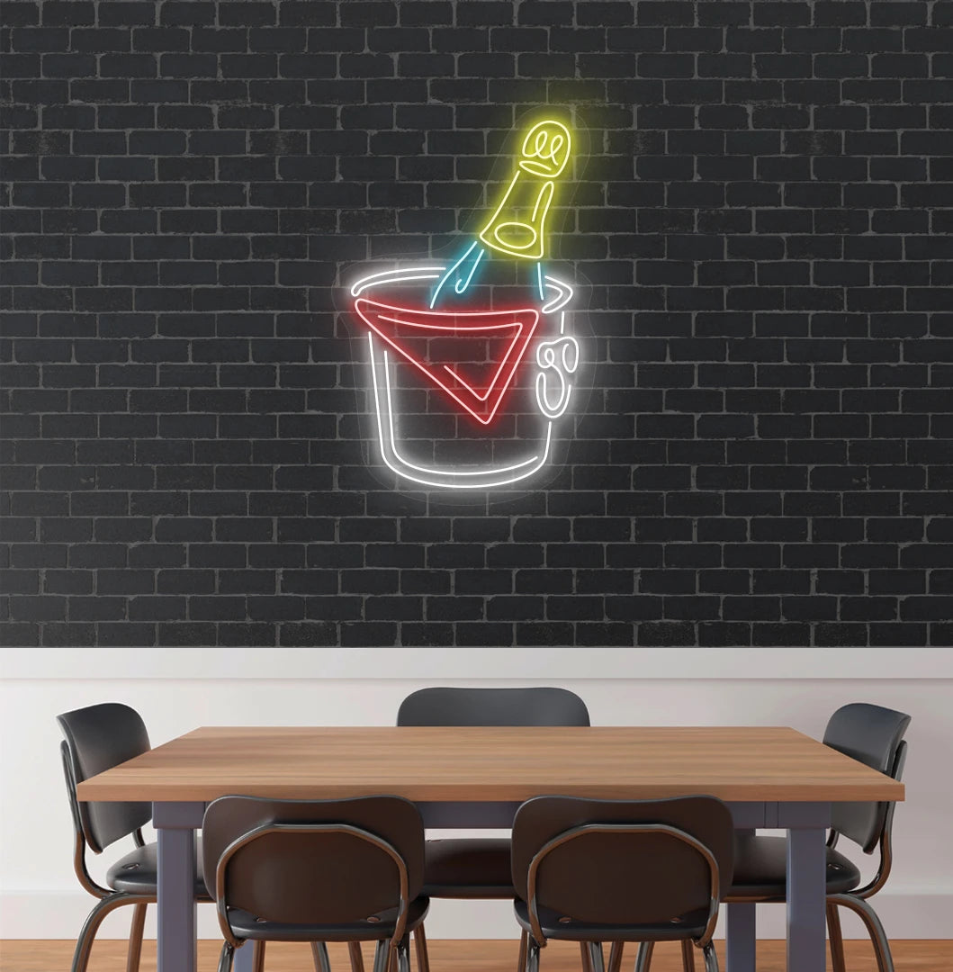 Modern aesthetic wall with beer bottle neon sign glowing white.