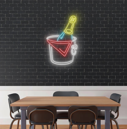 Modern aesthetic wall with beer bottle neon sign glowing white.