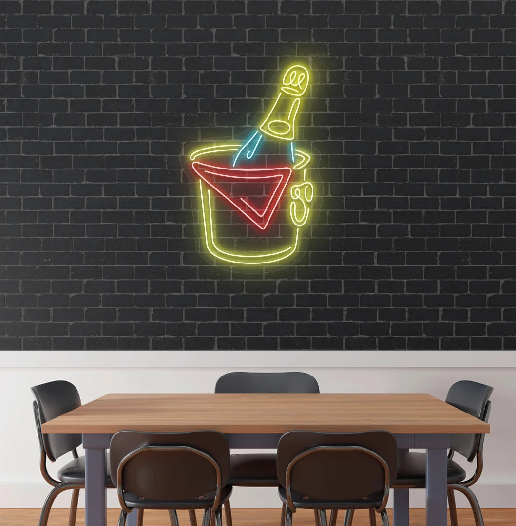 Stylish beer bottle neon sign in yellow mounted on aesthetic wall.