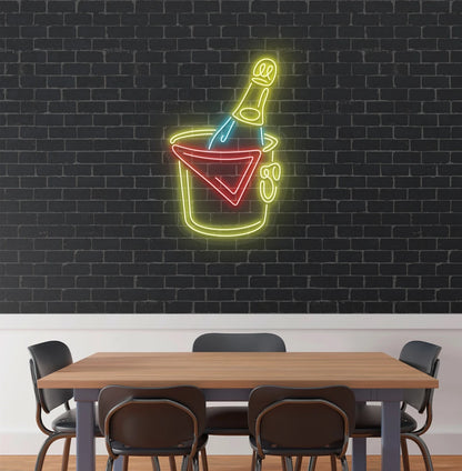 Stylish beer bottle neon sign in yellow mounted on aesthetic wall.