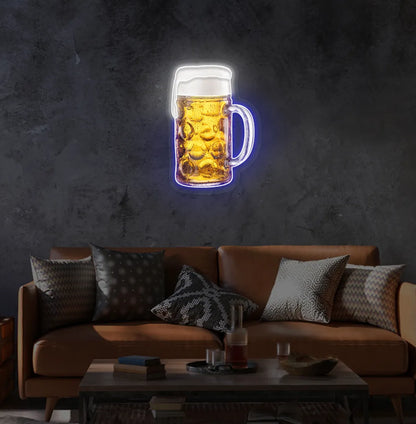 Beer Cup LED neon sign with blue glow mounted on wall.