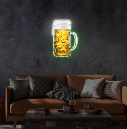 Beer Cup Neon Sign illuminated in green and mounted on a wall.