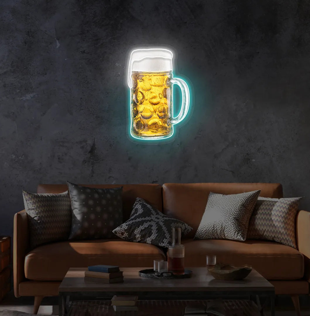 Beer Cup LED neon sign with ice blue glow mounted on wall.